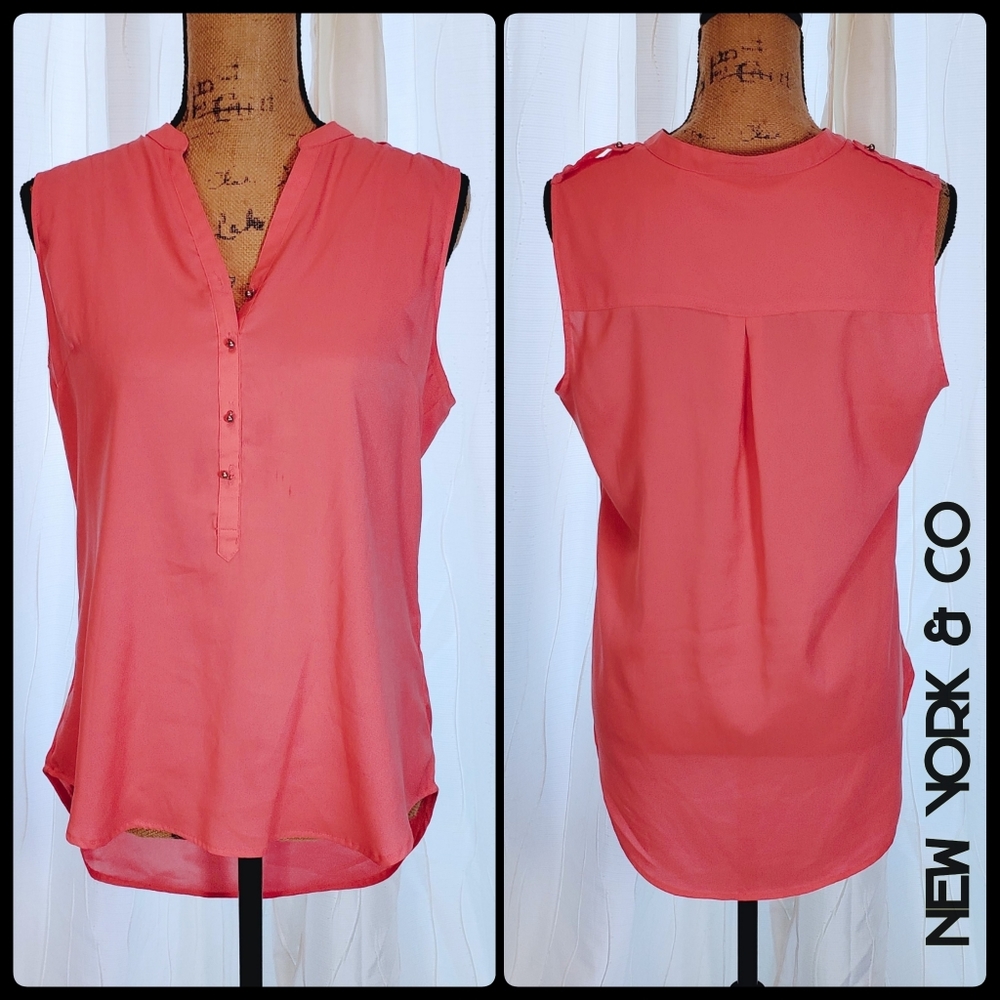 New York & Company Pink Sleeveless V Neck Blouse Silver Buttons M